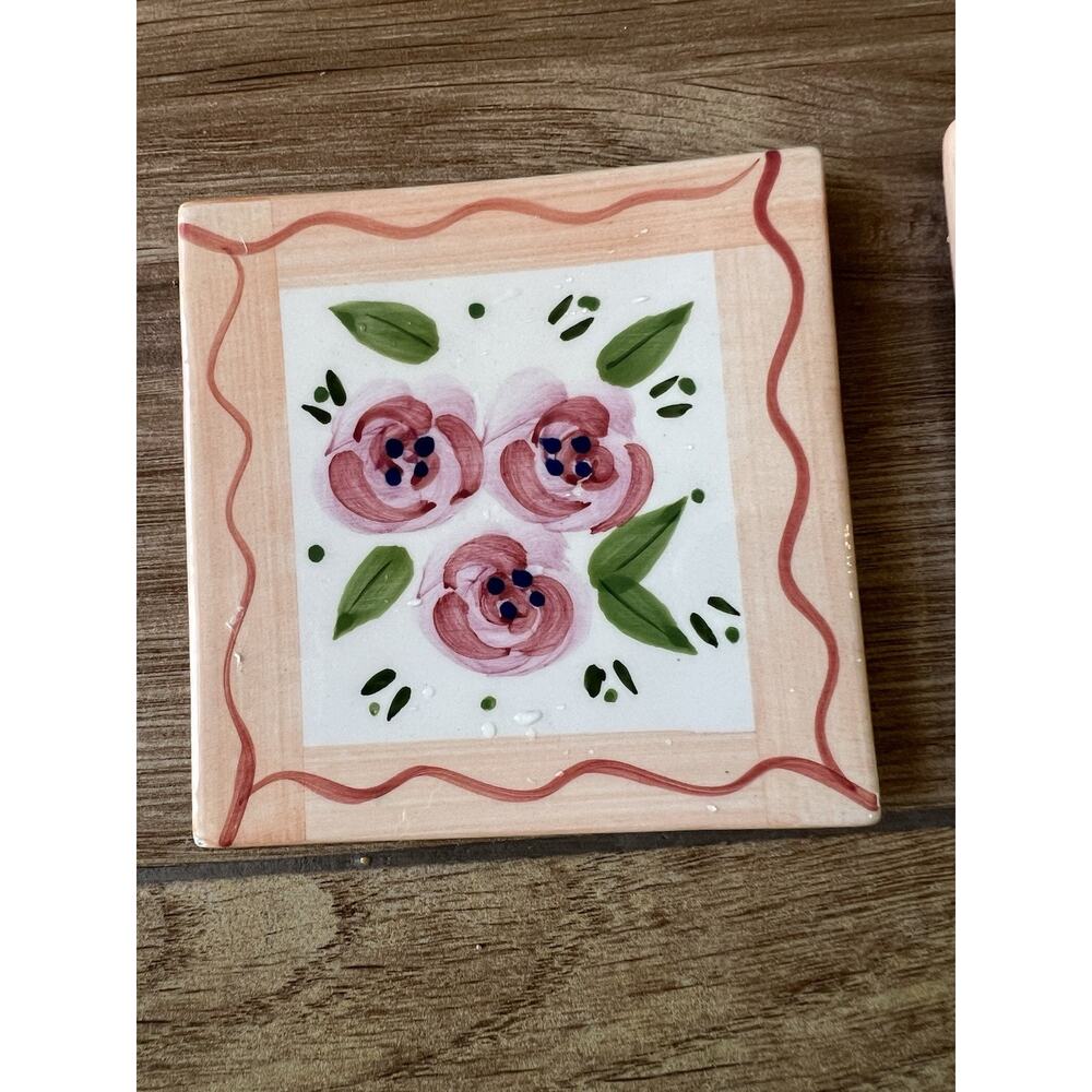 Rose Stripe Handpainted Coffee Mug Coasters 2- Pieces Alecia Keen Handprinted